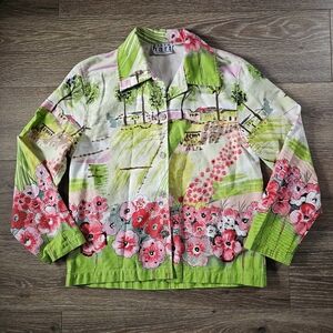 Keren Hart Green & Pink Floral Landscape Denim Art Novelty Blazer Jacket